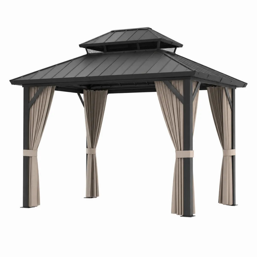 Gazebo da giardino 300x300x280 cm in acciaio verniciato con tetto rigido in metallo e tende laterali grigio scuro e beige