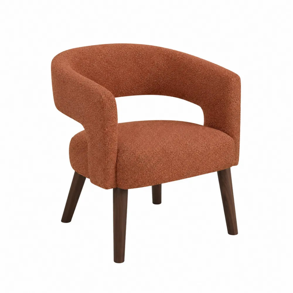 Sedia imbottita con braccioli in tessuto bouclé arancione ruggine e gambe in legno marrone 60 cm x 58 cm x 78 cm