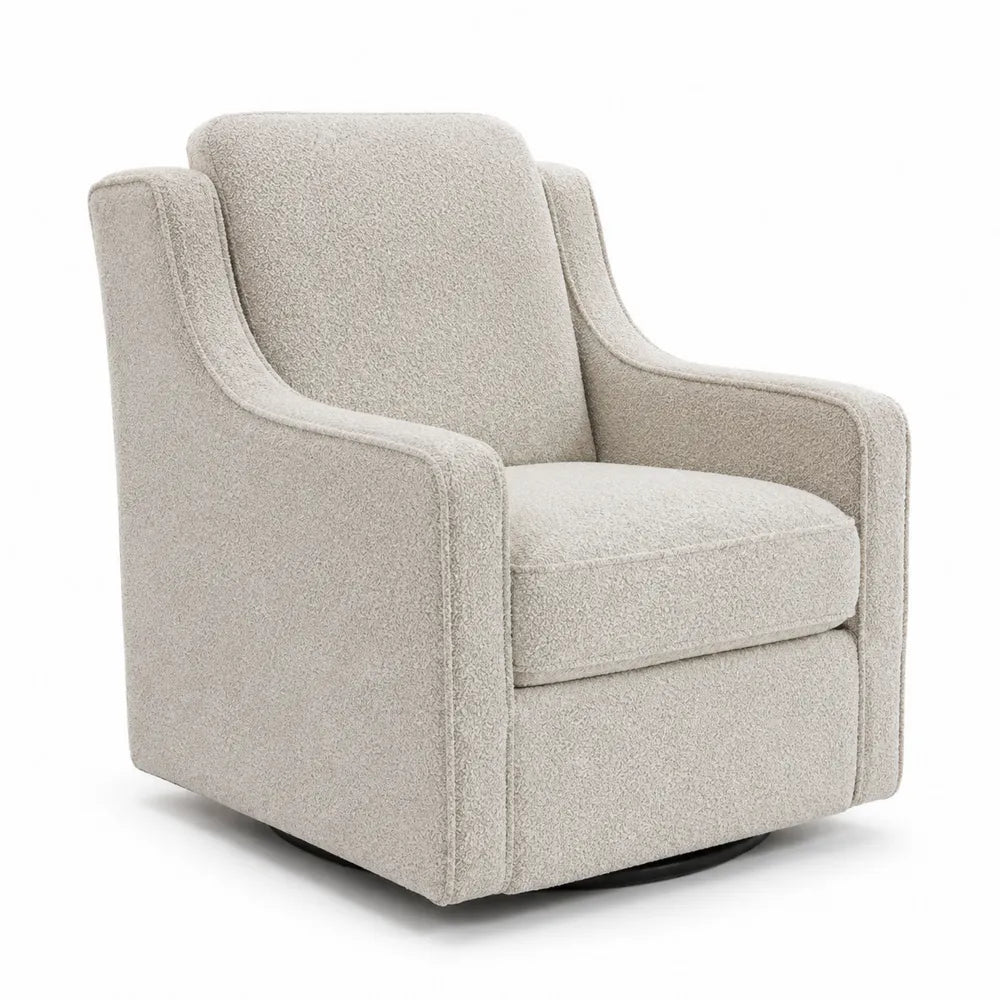 Poltrona girevole 75 cm x 80 cm x 85 cm in tessuto bouclé beige con base in legno e metallo nero