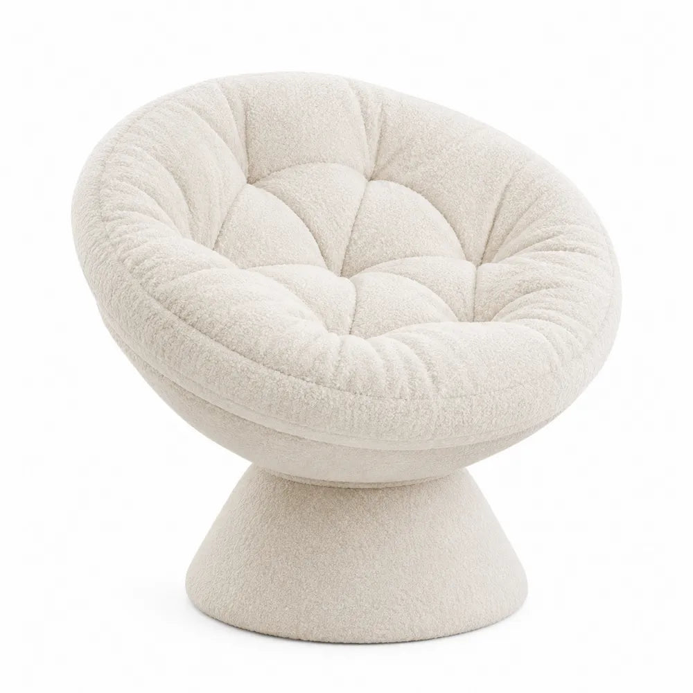 Poltrona rotonda imbottita in tessuto bouclé bianco crema con base a piedistallo 88 cm x 85 cm x 80 cm