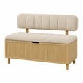 Panca contenitore a 2 posti in tessuto poliestere beige chiaro e MDF effetto rovere chiaro con schienale 100 x 40 x 85 cm