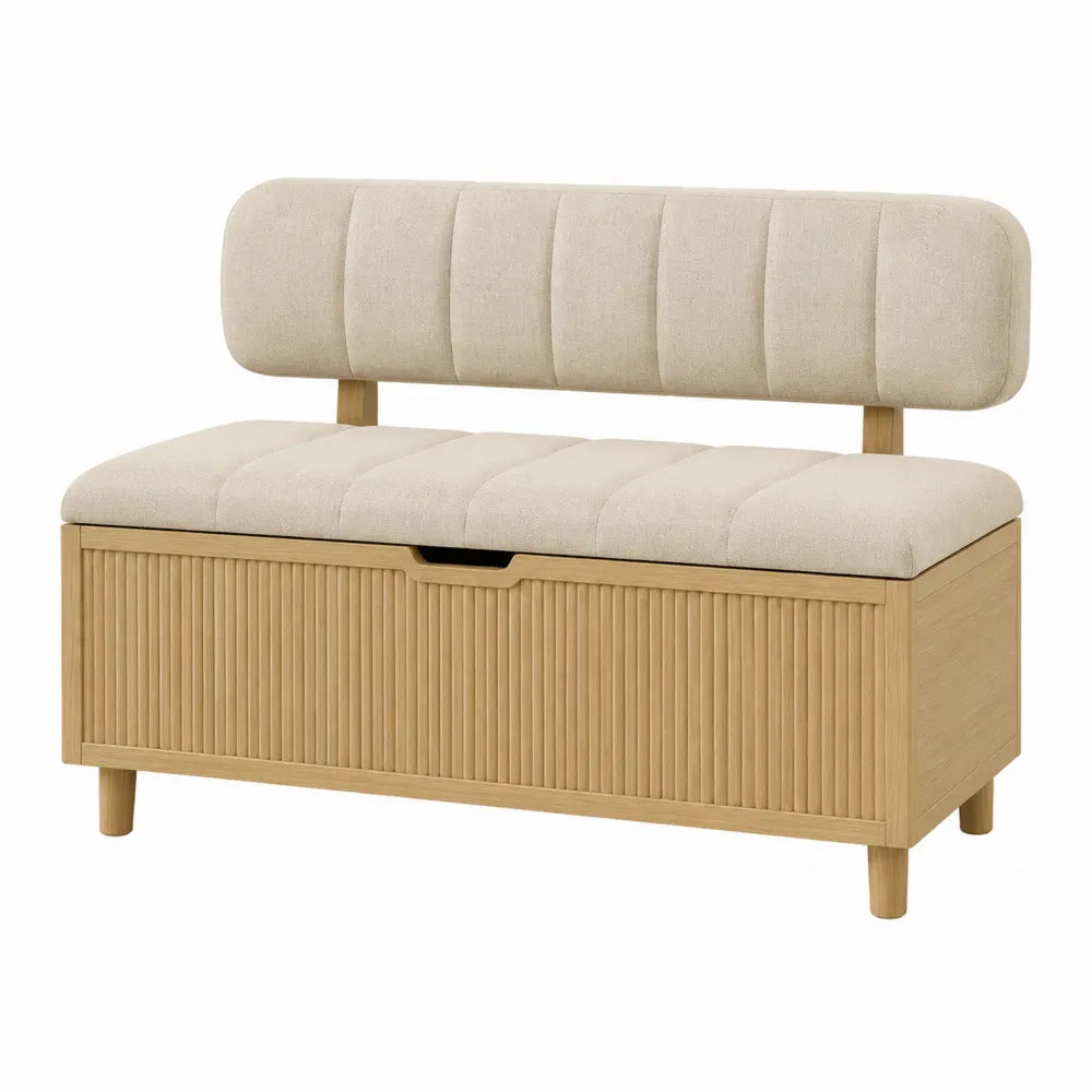 Panca contenitore a 2 posti in tessuto poliestere beige chiaro e MDF effetto rovere chiaro con schienale 100 x 40 x 85 cm