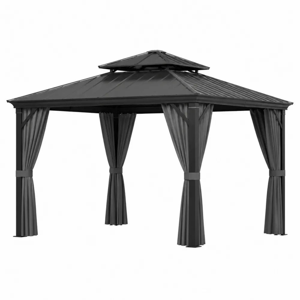 Gazebo da giardino 300x300x280 cm in acciaio verniciato con tetto rigido in metallo e tende laterali grigio antracite