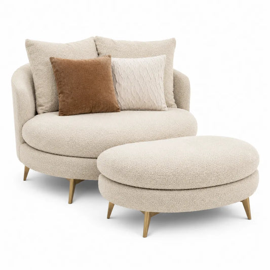 Poltrona rotonda con pouf in tessuto bouclé beige e gambe in legno poltrona 90 cm x 85 cm x 75 cm pouf 70 cm x 50 cm x 40 cm