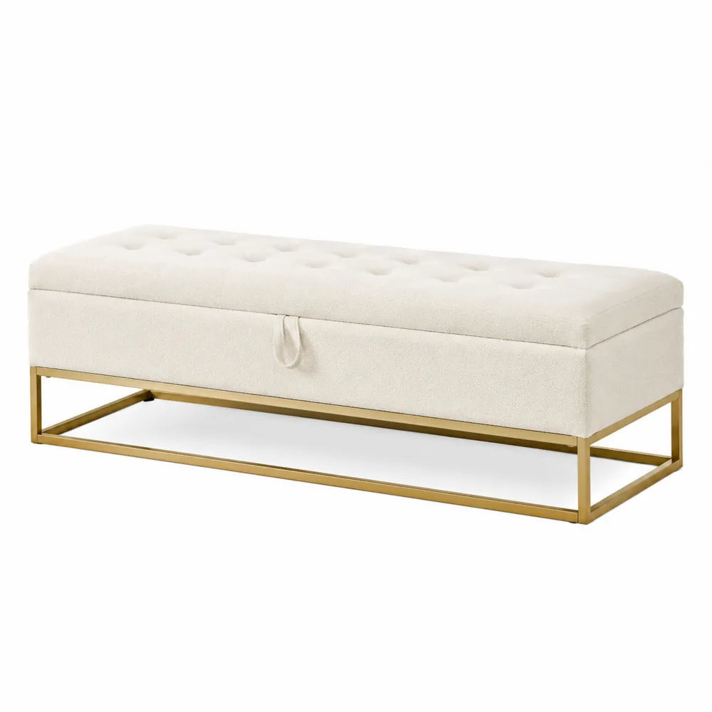 Panca contenitore in MDF con seduta imbottita in tessuto beige e base in metallo dorato 110 cm x 40 cm x 45 cm