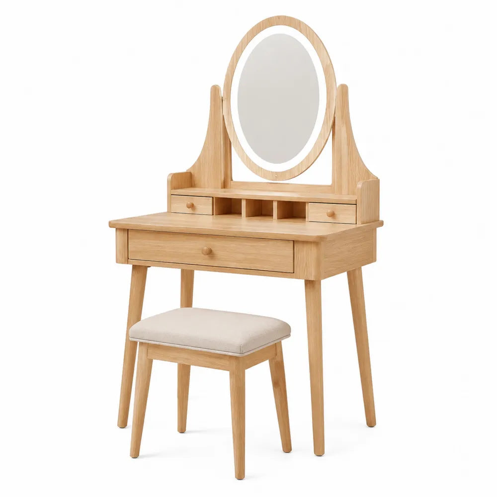 Toletta 90 x 40 x 140 cm con specchio ovale e sgabello struttura in legno ingegnerizzato effetto rovere naturale con cassetti e vani organizer