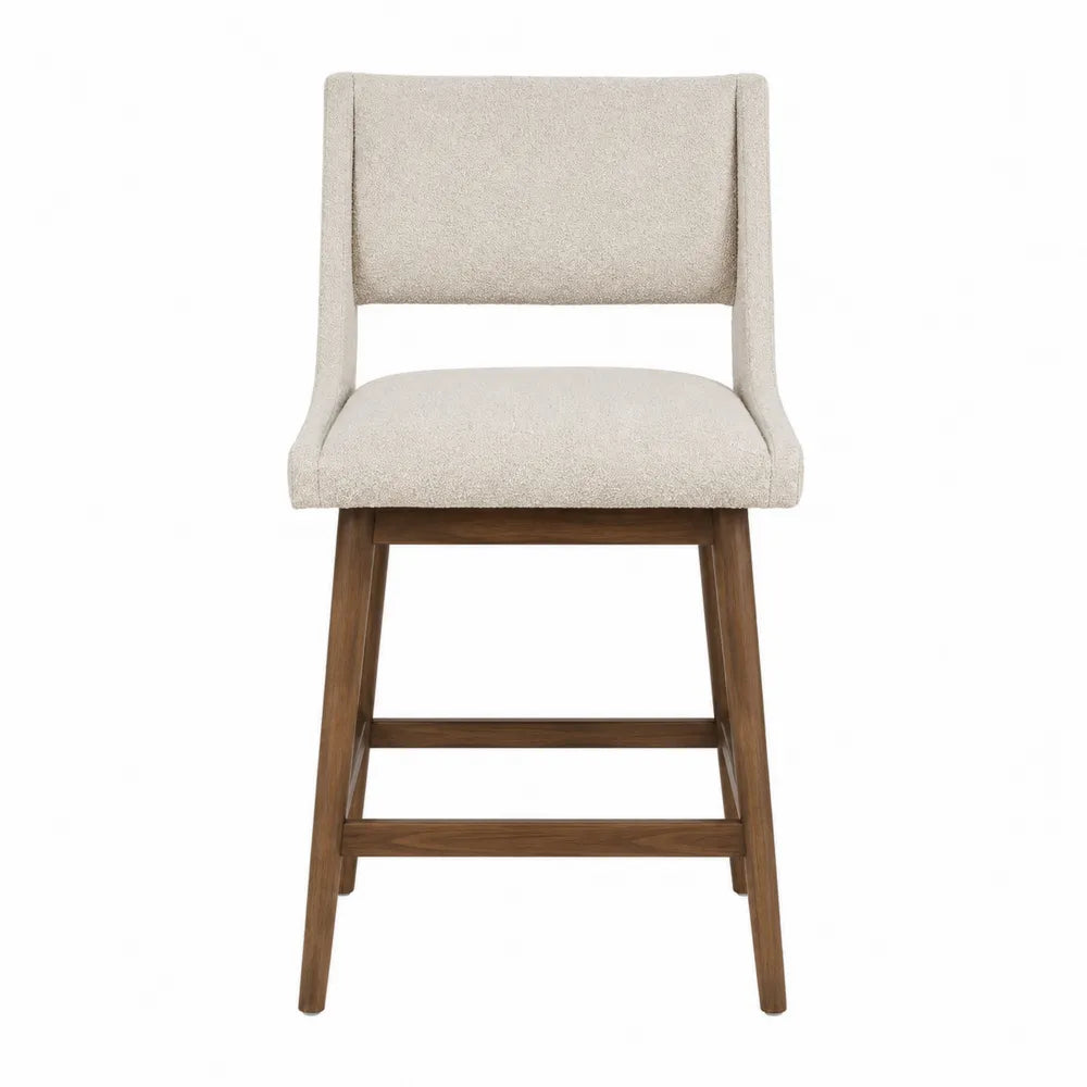 Sgabello alto imbottito con schienale in tessuto bouclé beige e struttura in legno di gomma naturale 45 cm x 50 cm x 95 cm