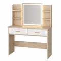 Toeletta da trucco rettangolare 100 x 40 x 140 cm in MDF rovere chiaro e bianco con specchio LED