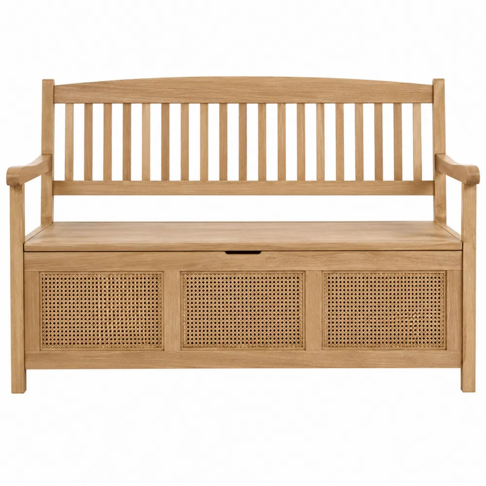 Panca contenitore in legno di rovere naturale con schienale a doghe braccioli e pannelli in rattan 140 x 55 x 85 cm