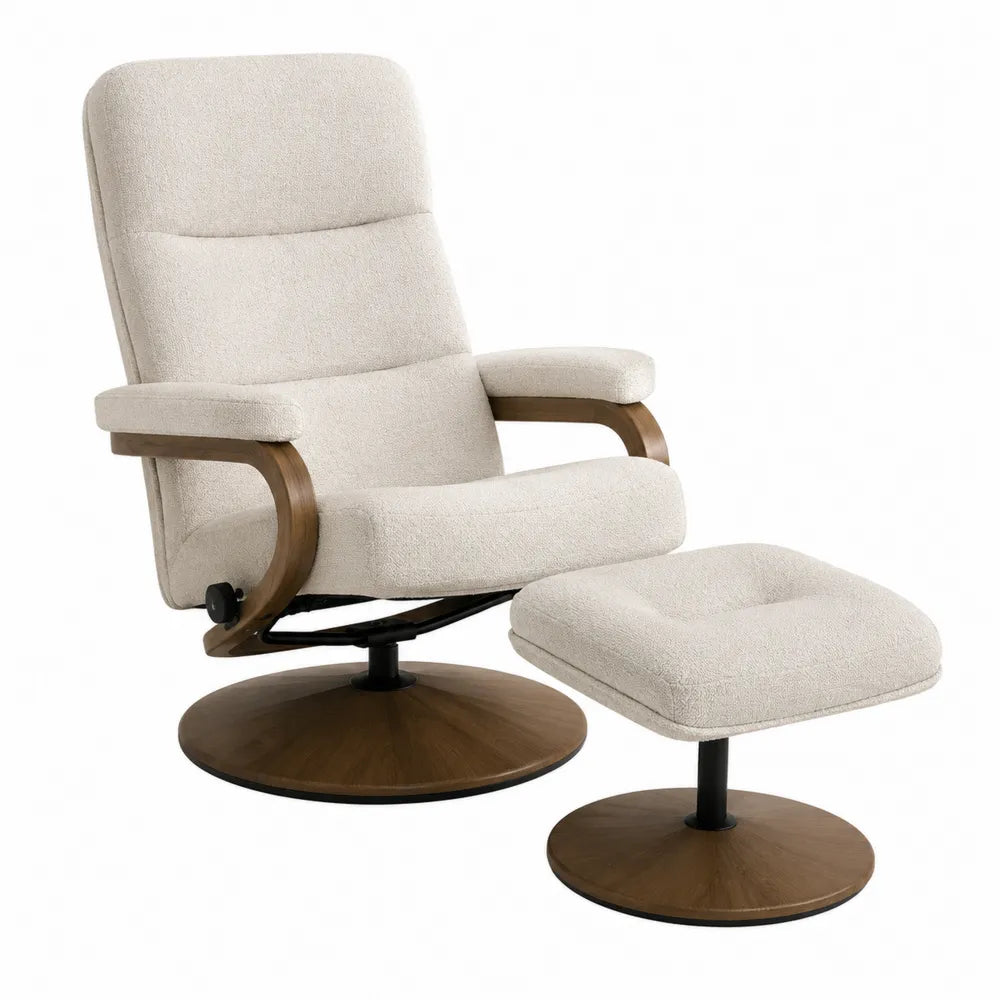 Poltrona girevole con pouf 80 cm x 75 cm x 100 cm in tessuto bouclé beige con base in legno e metallo nero e struttura imbottita