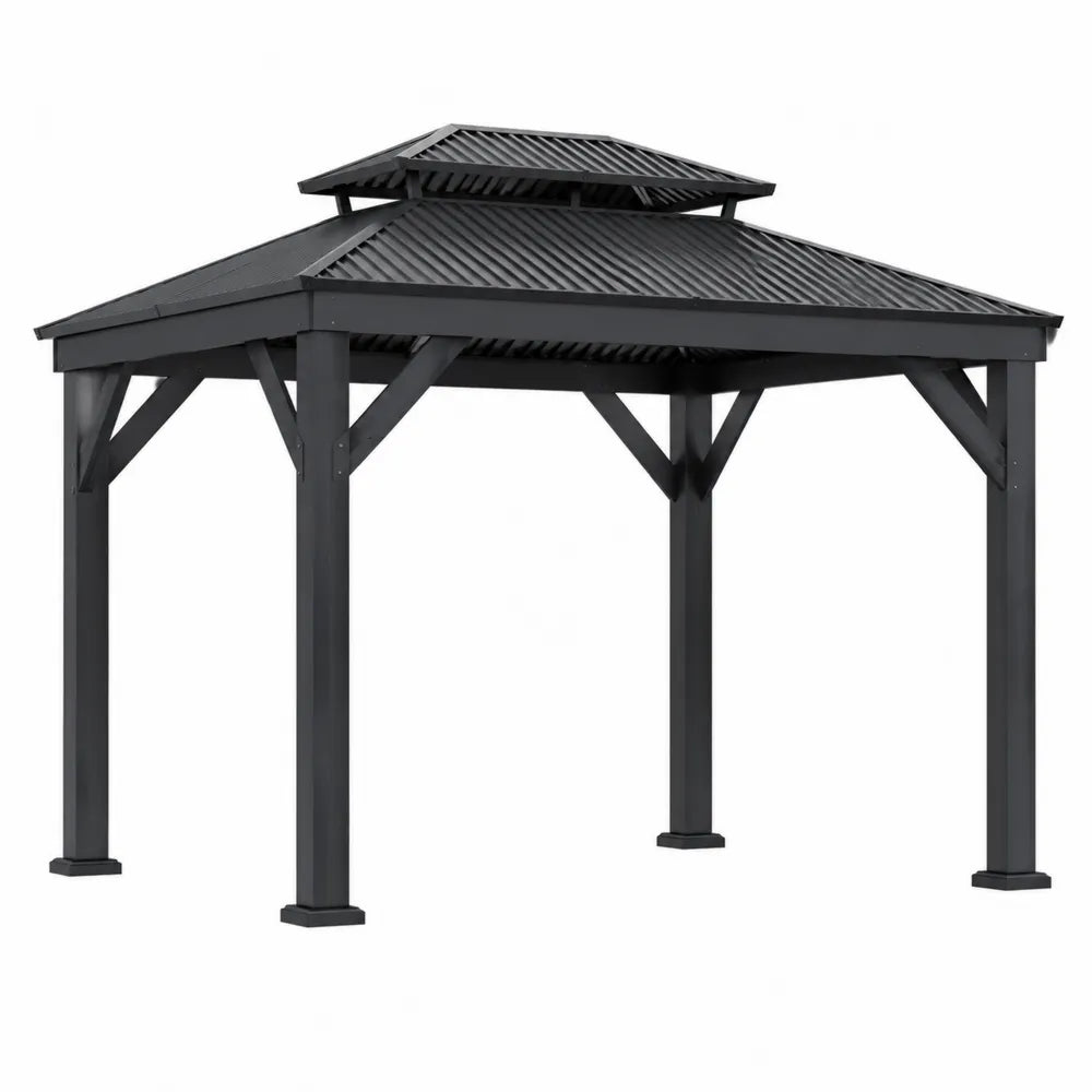 Gazebo da giardino quadrato in acciaio verniciato a polvere con tetto rigido a doppio livello nero antracite 300 x 300 x 280 cm
