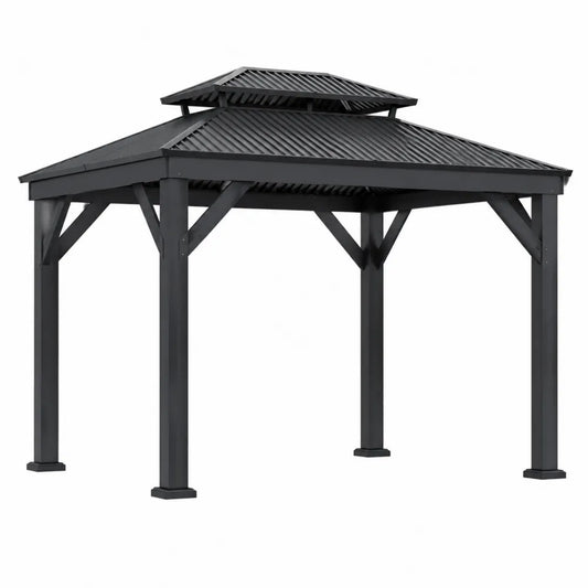 Gazebo da giardino quadrato in acciaio verniciato a polvere con tetto rigido a doppio livello nero antracite 300 x 300 x 280 cm