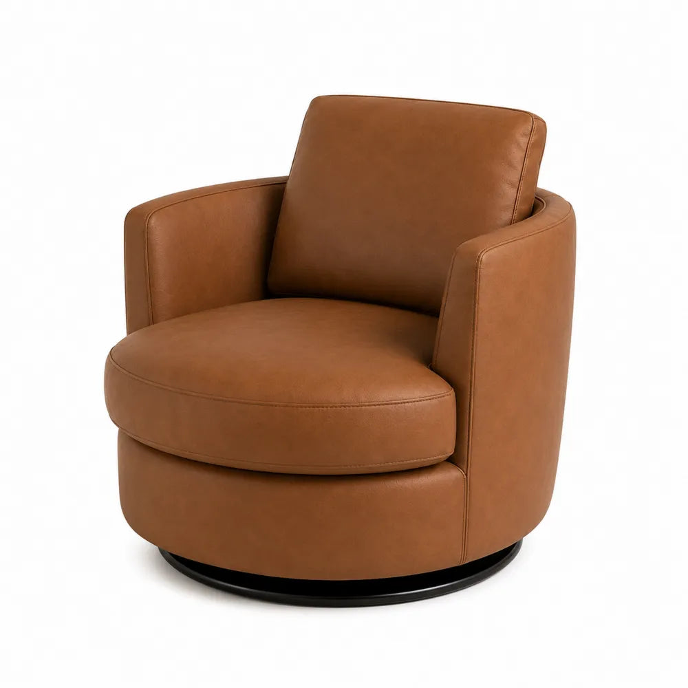 Poltrona girevole imbottita con braccioli in PU marrone e base circolare in metallo nero 80 cm x 78 cm x 75 cm