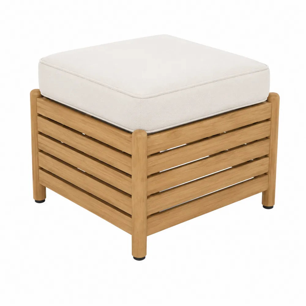 Pouf quadrato da esterno in legno massello di acacia a doghe con cuscino in poliestere beige colore naturale 45 x 45 x 45 cm
