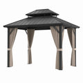 Gazebo da giardino 300x300x280 cm in acciaio verniciato con tetto rigido in metallo e tende laterali grigio scuro e beige