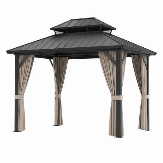 Gazebo da giardino 300x300x280 cm in acciaio verniciato con tetto rigido in metallo e tende laterali grigio scuro e beige