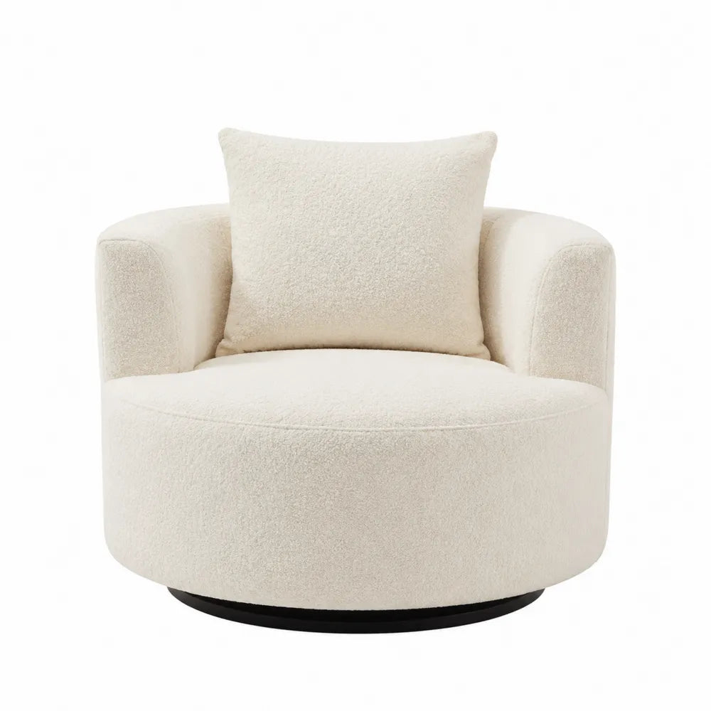 Poltrona girevole rotonda imbottita in tessuto bouclé beige con cuscino e base in acciaio nero diametro 80 cm altezza 75 cm