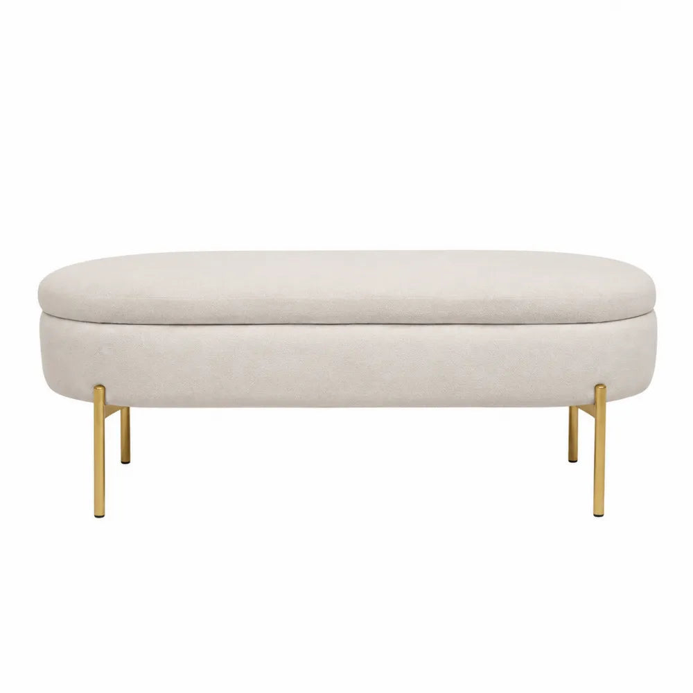 Panca contenitore imbottita in tessuto bouclé beige chiaro con gambe in metallo oro 130 x 45 x 45 cm